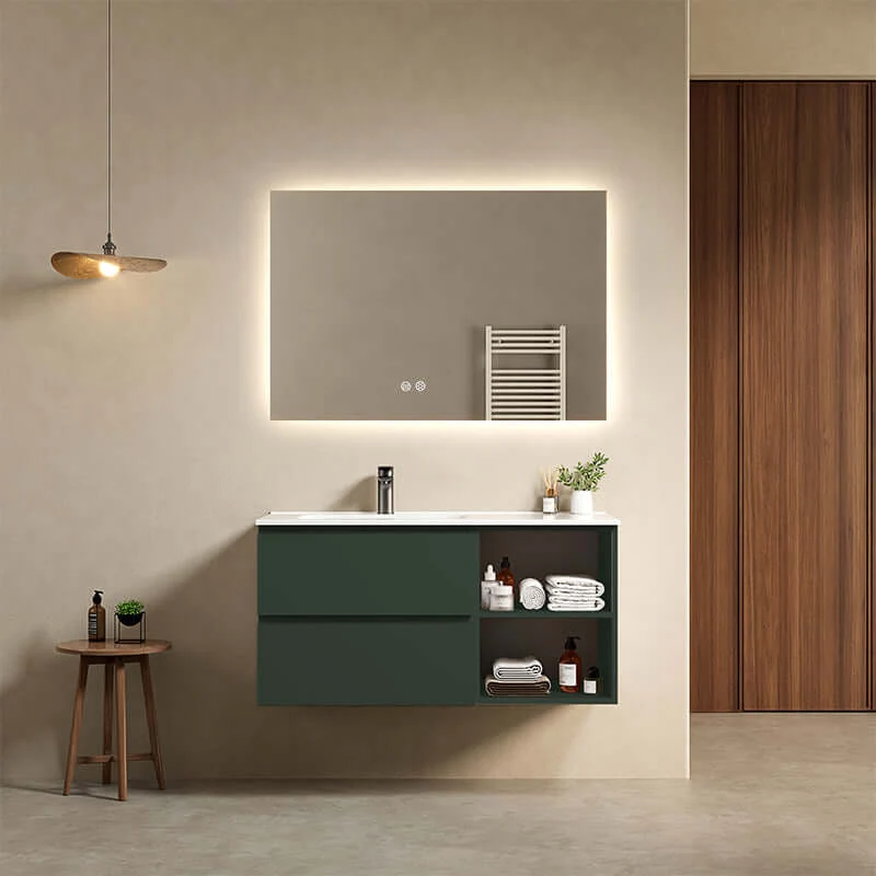 Mobile bagno sospeso 100 cm Verde Comodoro Lavabo a Sinistra in Ceramica Specchio Quadro Retroilluminato - Fiji Paint Plus