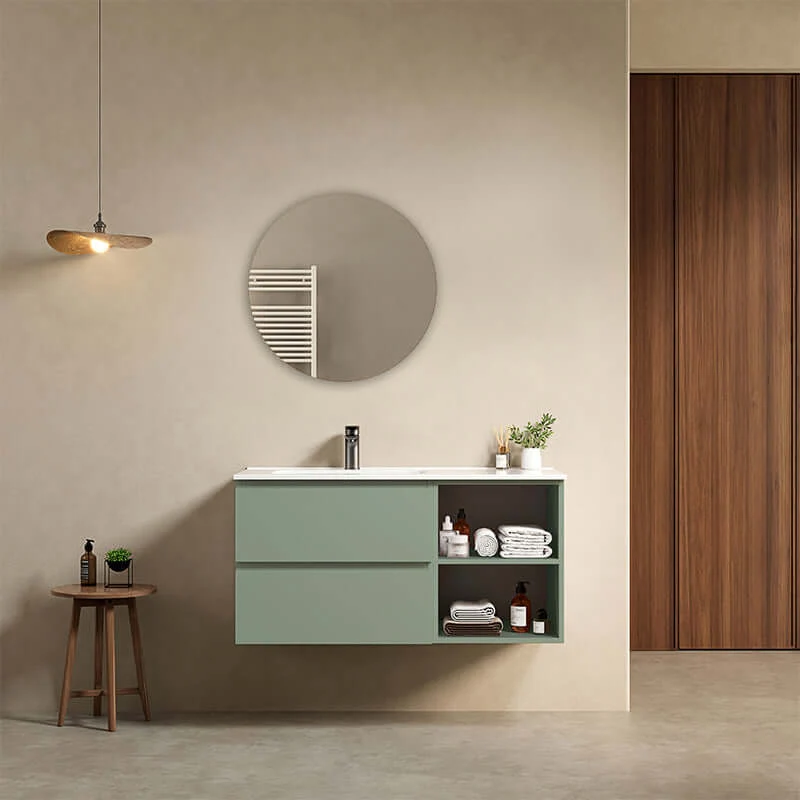 Mobile bagno sospeso 100 cm Verde Salvia Lavabo a Sinistra in Ceramica Specchio Tondo - Fiji Paint Plus