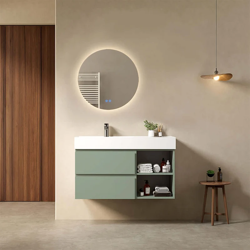 Mobile bagno sospeso 100 cm Verde Salvia Lavabo a Sinistra in Resina Specchio Tondo Retroilluminato - Fiji Paint Plus