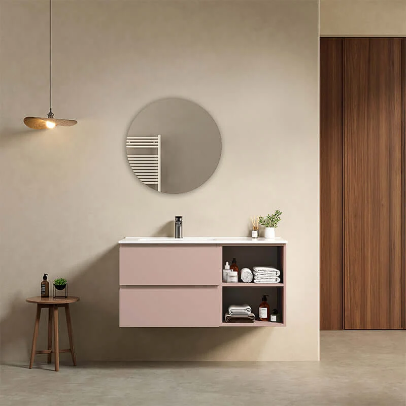 Mobile bagno sospeso 100 cm Rosa Retro Lavabo a Sinistra in Ceramica Specchio Tondo - Fiji Paint Plus