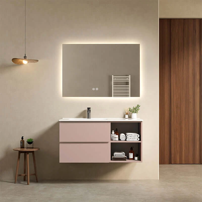 Mobile bagno sospeso 100 cm Rosa Retro Lavabo a Sinistra in Ceramica Specchio Quadro Retroilluminato - Fiji Paint Plus
