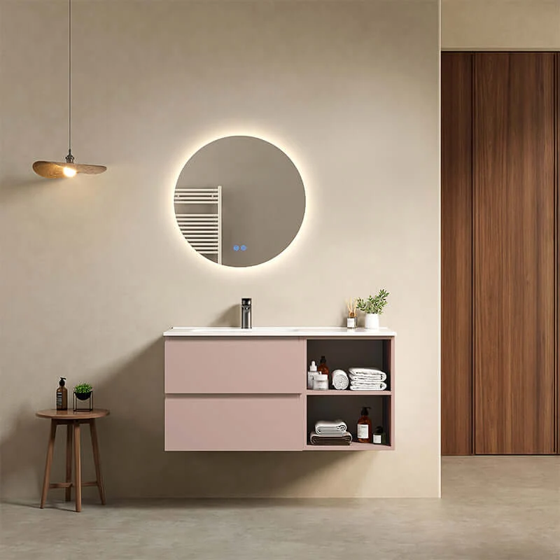 Mobile bagno sospeso 100 cm Rosa Retro Lavabo a Sinistra in Ceramica Specchio Tondo Retroilluminato - Fiji Paint Plus