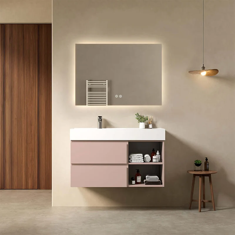 Mobile bagno sospeso 100 cm Rosa Retro Lavabo a Sinistra in Resina Specchio Quadro Retroilluminato - Fiji Paint Plus