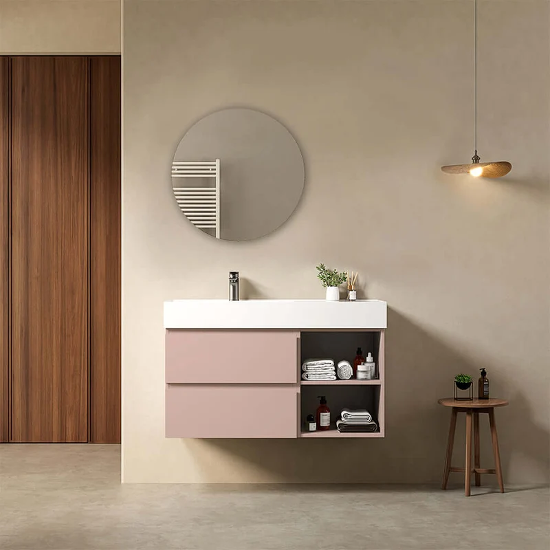 Mobile bagno sospeso 100 cm Rosa Retro Lavabo a Sinistra in Resina Specchio Tondo - Fiji Paint Plus