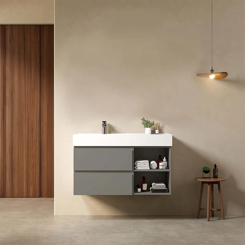 Mobile bagno sospeso 100 cm Grigio Londra Lavabo a Sinistra in Resina Senza Specchio - Fiji Paint Plus