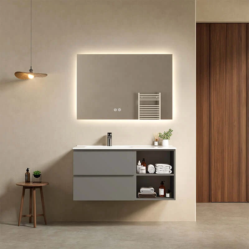 Mobile bagno sospeso 100 cm Grigio Londra Lavabo a Sinistra in Ceramica Specchio Quadro Retroilluminato - Fiji Paint Plus