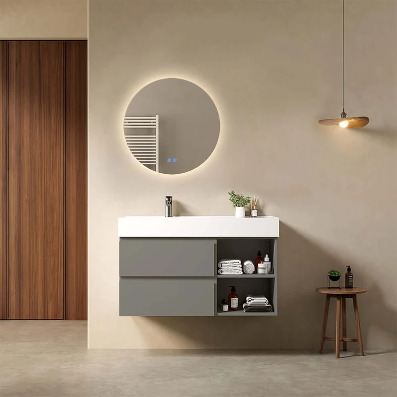 Mobile bagno sospeso 100 cm Grigio Londra Lavabo a Sinistra in Resina Specchio Tondo Retroilluminato - Fiji Paint Plus