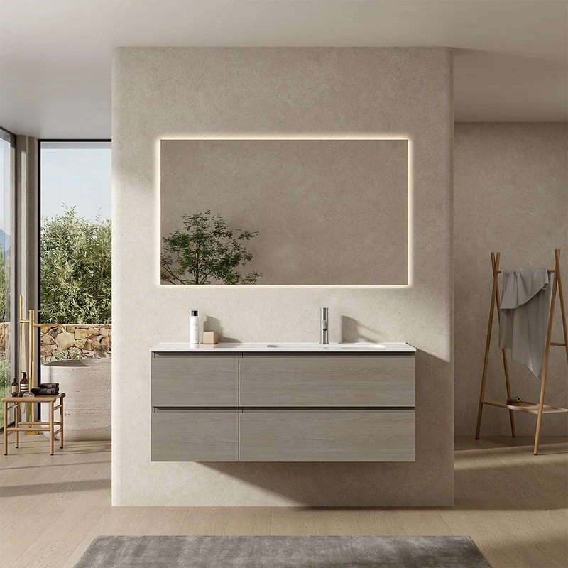 Mobile bagno sospeso 120 cm Beige Lavabo a Destra in Ceramica Specchio Quadro Retroilluminato - Fiji Wood