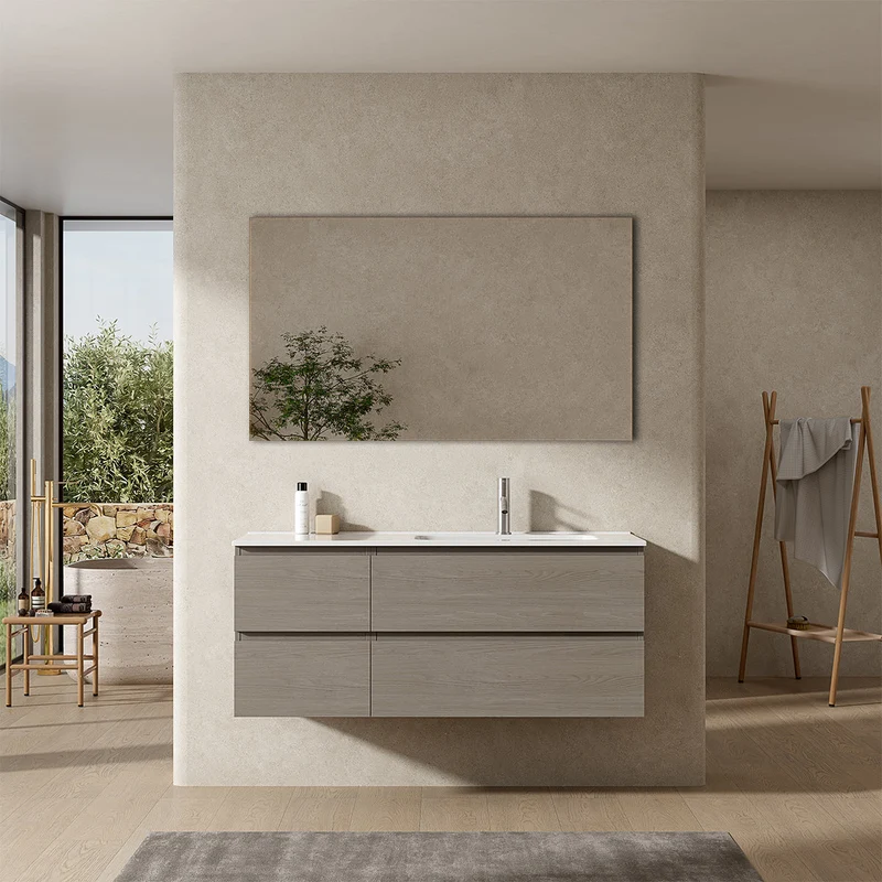 Mobile bagno sospeso 120 cm Beige Lavabo a Destra in Ceramica Specchio Quadro - Fiji Wood