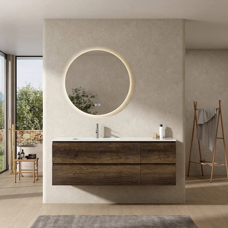 Mobile bagno sospeso 140 cm Bruno Scuro Lavabo a Sinistra in Resina Specchio Tondo Retroilluminato - Fiji Wood