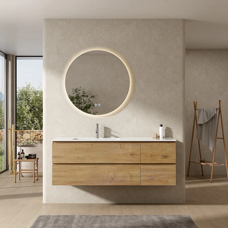 Mobile bagno sospeso 140 cm Bruno Medio Lavabo a Sinistra in Resina Specchio Tondo Retroilluminato - Fiji Wood