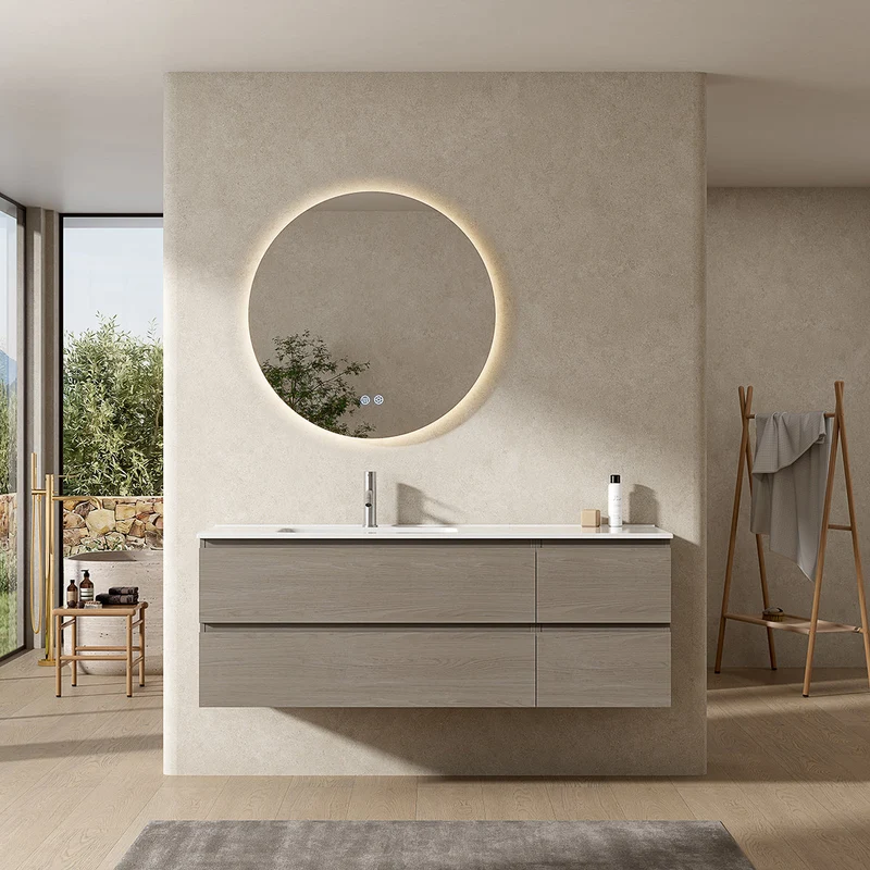 Mobile bagno sospeso 140 cm Beige Lavabo a Sinistra in Resina Specchio Tondo Retroilluminato - Fiji Wood