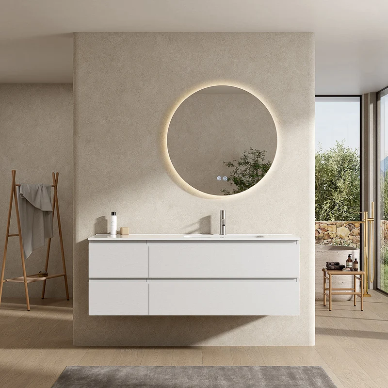 Mobile bagno sospeso 140 cm Bianco Lavabo a Destra in Resina Specchio Tondo Retroilluminato - Fiji Wood