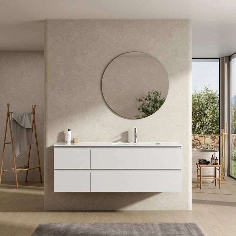 Mobile bagno sospeso 140 cm Bianco Lavabo a Destra in Resina Specchio Tondo - Fiji Wood