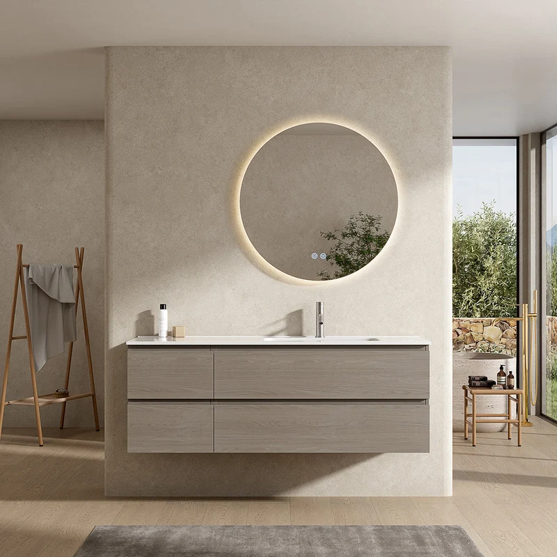 Mobile bagno sospeso 140 cm Beige Lavabo a Destra in Resina Specchio Tondo Retroilluminato - Fiji Wood