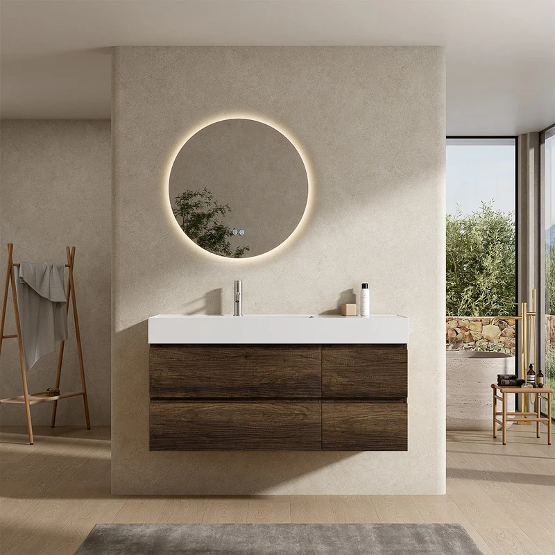 Mobile bagno sospeso 120 cm Bruno Scuro Lavabo a Sinistra in Resina Specchio Tondo Retroilluminato - Fiji Wood