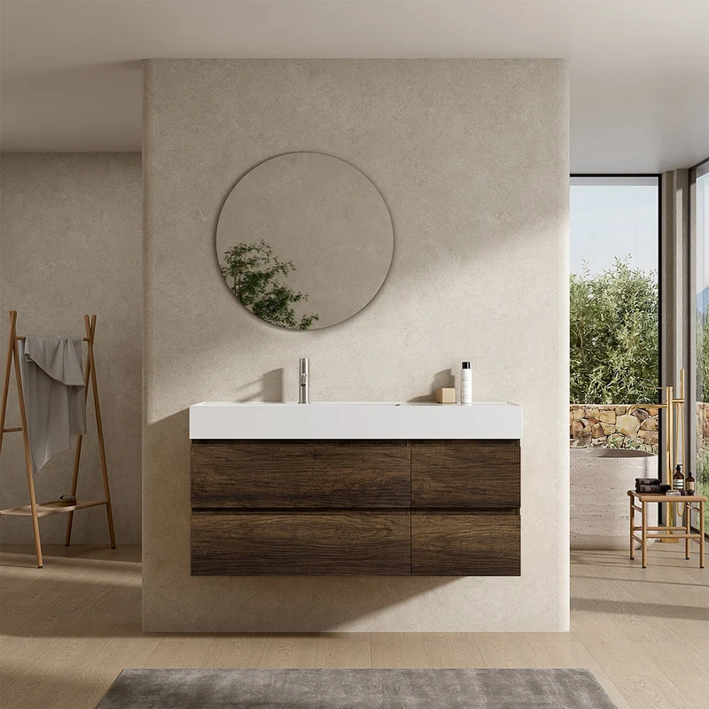 Mobile bagno sospeso 120 cm Bruno Scuro Lavabo a Sinistra in Resina Specchio Tondo - Fiji Wood