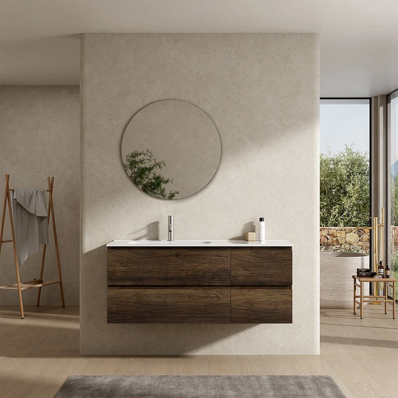 Mobile bagno sospeso 120 cm Bruno Scuro Lavabo a Sinistra in Ceramica Specchio Tondo - Fiji Wood