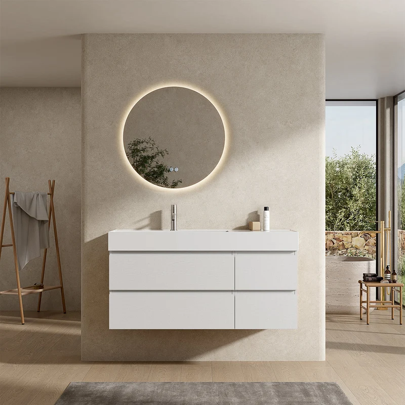 Mobile bagno sospeso 120 cm Bianco Lavabo a Sinistra in Resina Specchio Tondo Retroilluminato - Fiji Wood