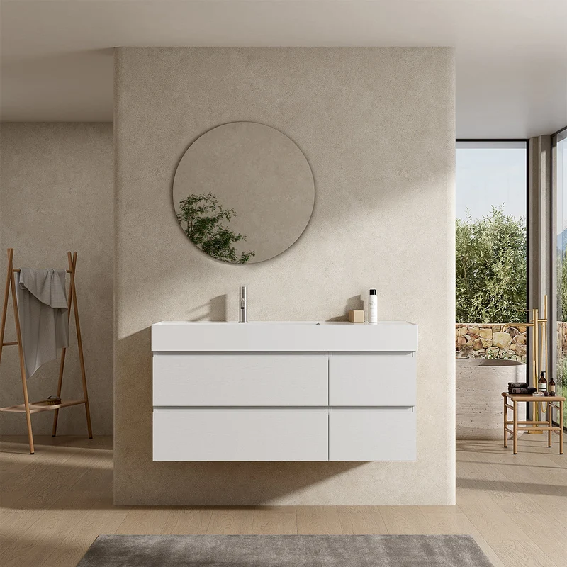 Mobile bagno sospeso 120 cm Bianco Lavabo a Sinistra in Resina Specchio Tondo - Fiji Wood