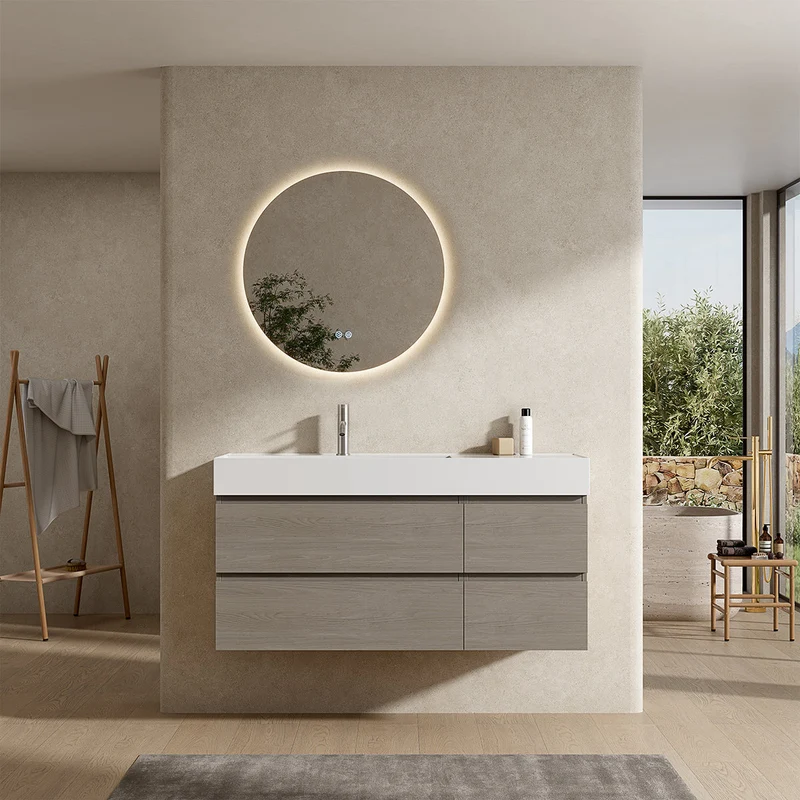 Mobile bagno sospeso 120 cm Beige Lavabo a Sinistra in Resina Specchio Tondo Retroilluminato - Fiji Wood