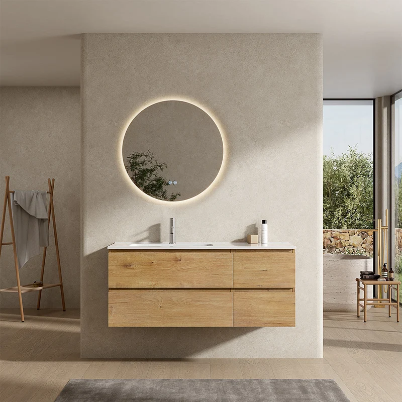 Mobile bagno sospeso 120 cm Bruno Medio Lavabo a Sinistra in Ceramica Specchio Tondo Rettroilluminato - Fiji Wood
