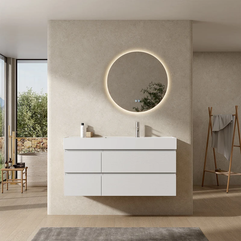 Mobile bagno sospeso 120 cm Bianco Lavabo a Destra in Resina Specchio Tondo Retroilluminato - Fiji Wood