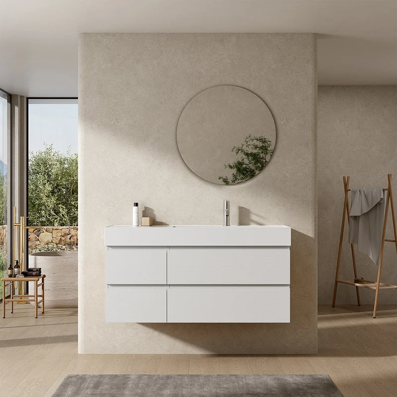 Mobile bagno sospeso 120 cm Bianco Lavabo a Destra in Resina Specchio Tondo - Fiji Wood