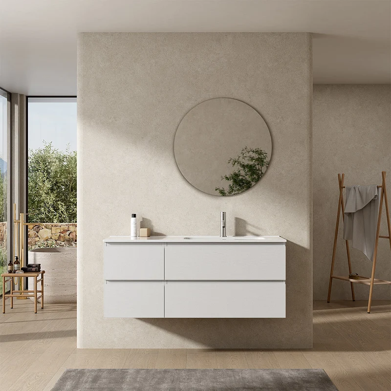 Mobile bagno sospeso 120 cm Bianco Lavabo a Destra in Ceramica Specchio Tondo - Fiji Wood
