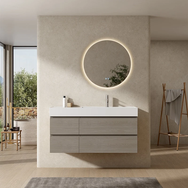 Mobile bagno sospeso 120 cm Beige Lavabo a Destra in Resina Specchio Tondo Retroilluminato - Fiji Wood