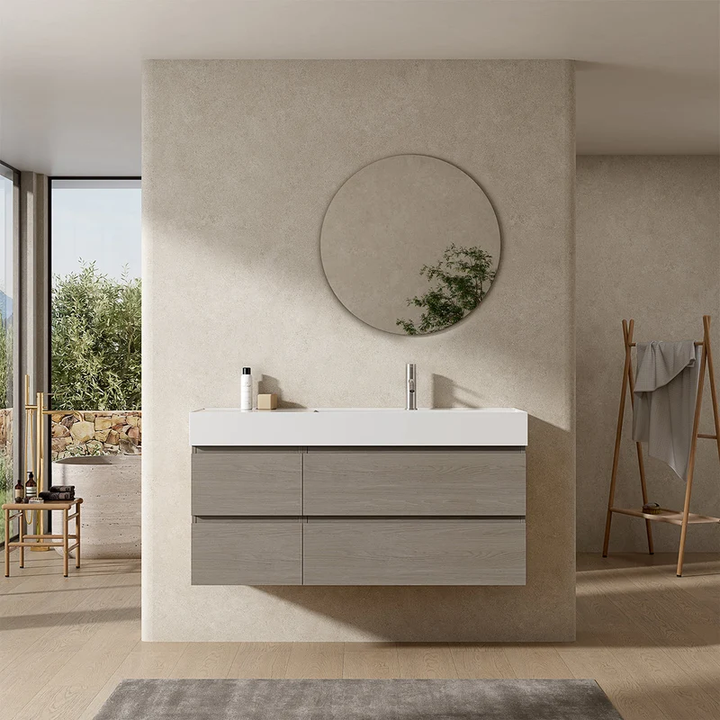 Mobile bagno sospeso 120 cm Beige Lavabo a Destra in Resina Specchio Tondo - Fiji Wood