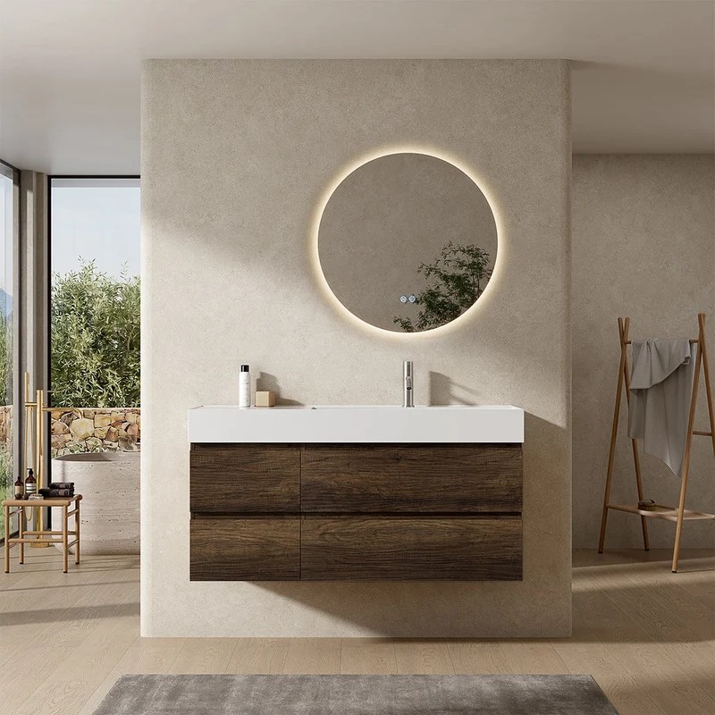 Mobile bagno sospeso 120 cm Bruno Scuro Lavabo a Destra in Resina Specchio Tondo Retroilluminato - Fiji Wood