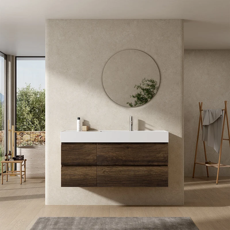 Mobile bagno sospeso 120 cm Bruno Scuro Lavabo a Destra in Resina Specchio Tondo - Fiji Wood