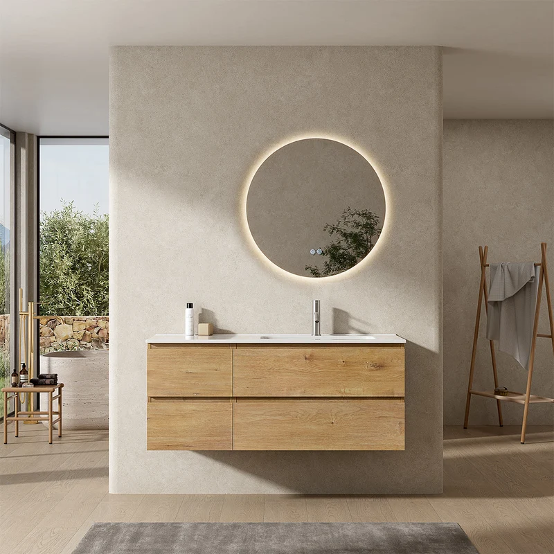 Mobile bagno sospeso 120 cm Bruno Medio Lavabo a Destra in Ceramica Specchio Tondo Retroilluminato - Fiji Wood