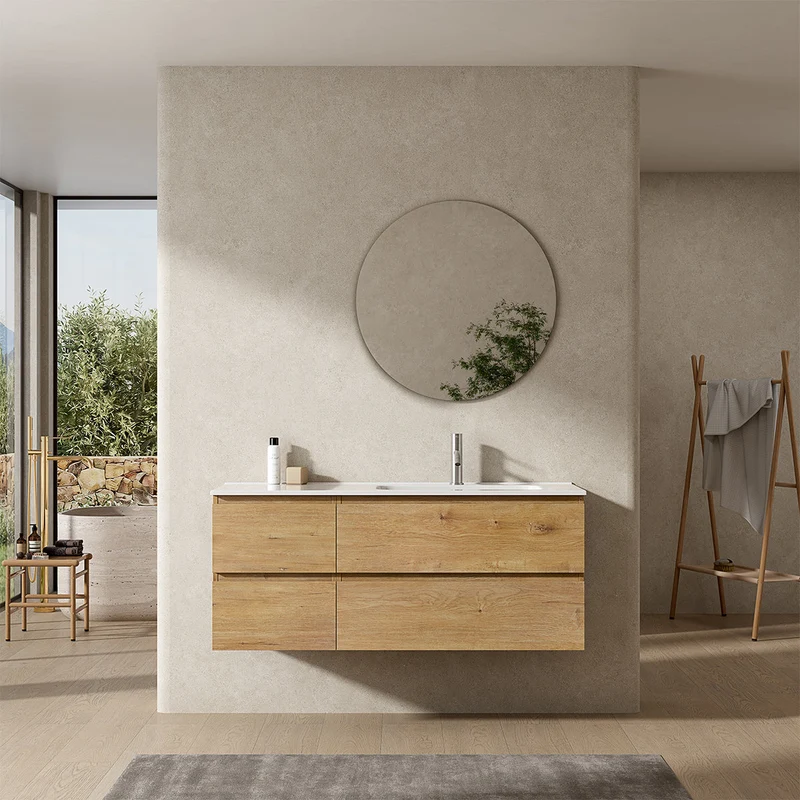 Mobile bagno sospeso 120 cm Bruno Medio Lavabo a Destra in Ceramica Specchio Tondo - Fiji Wood