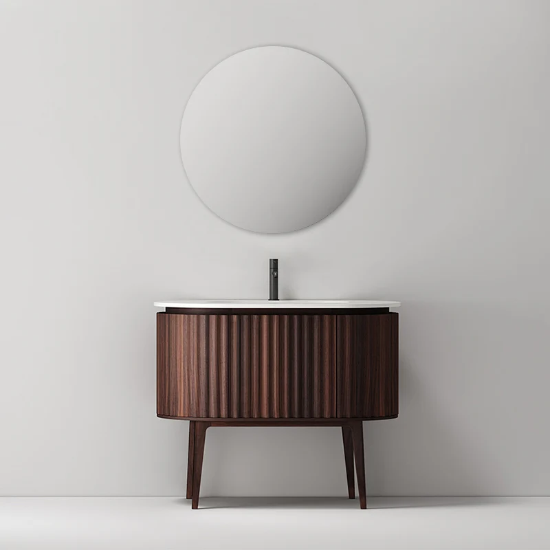 Mobile Bagno 100 cm A Terra Noce Scuro Specchio Tondo - Reid