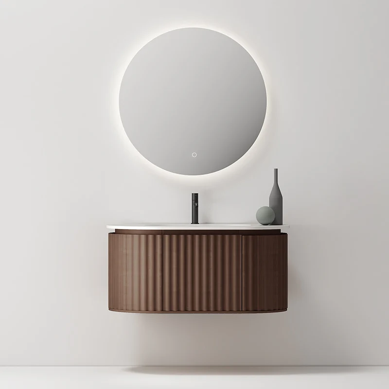 Mobile Bagno 100 cm Sospeso Rovere Scuro Specchio Tondo - Reid