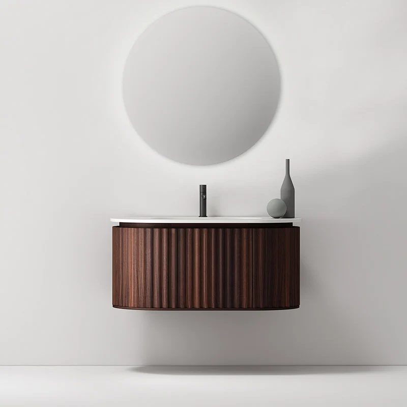 Mobile Bagno 100 cm Sospeso Noce Scuro Specchio Tondo - Reid