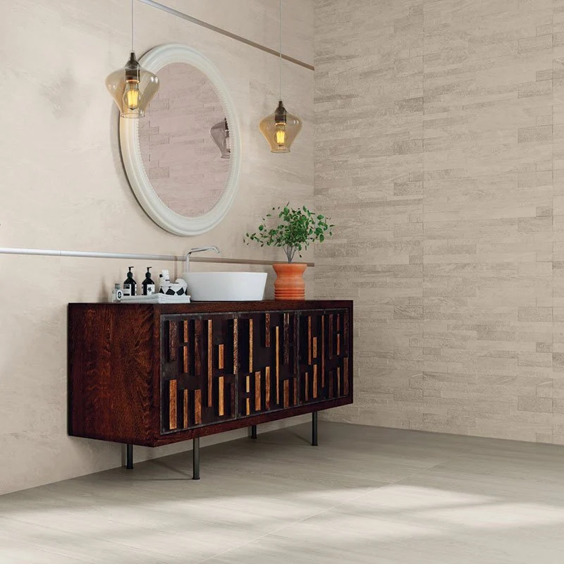 Rivestimento in Ceramica Effetto Muretto 25x75 Decoro Struttura Focus Beige Orione- Herberia