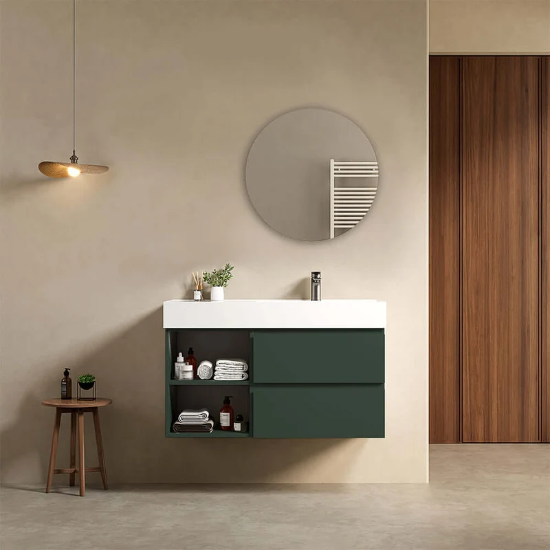 Mobile bagno sospeso 100 cm Verde Comodoro Lavabo a Destra in Resina Specchio Tondo - Fiji Paint Plus