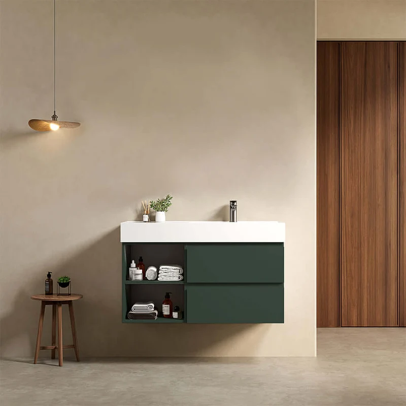 Mobile bagno sospeso 100 cm Verde Comodoro Lavabo a Destra in Resina Senza Specchio - Fiji Paint Plus