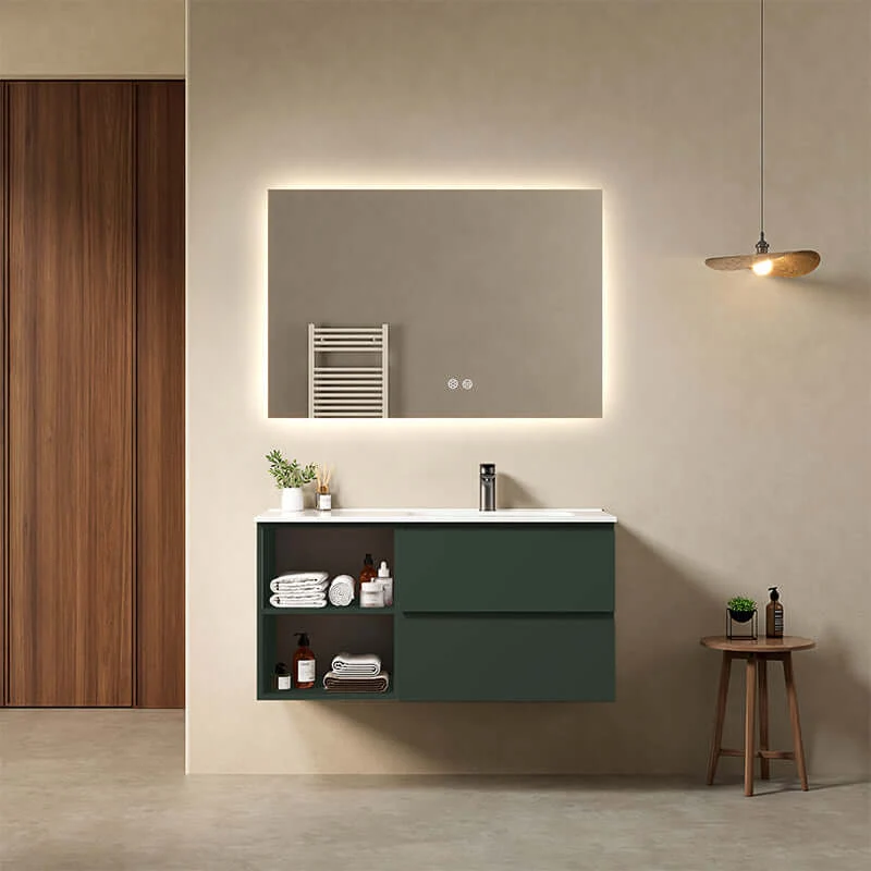 Mobile bagno sospeso 100 cm Verde Comodoro Lavabo a Destra in Ceramica Specchio Quadro Retroilluminato - Fiji Paint Plus