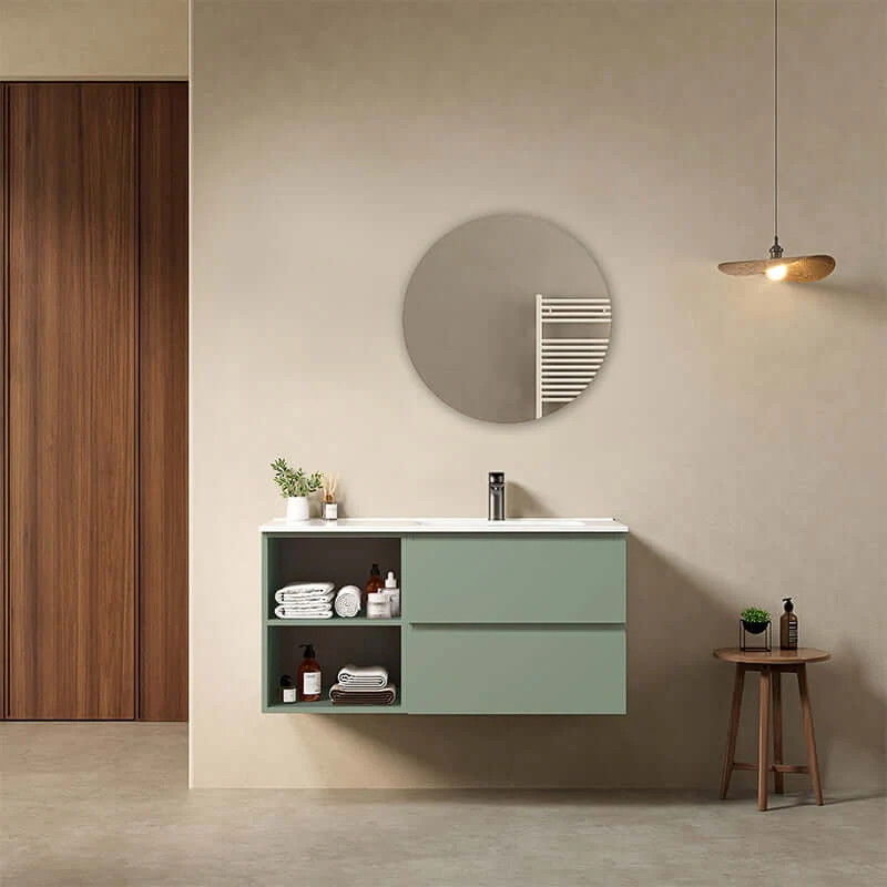 Mobile bagno sospeso 100 cm Verde Salvia Lavabo a Destra in Ceramica Specchio Tondo - Fiji Paint Plus