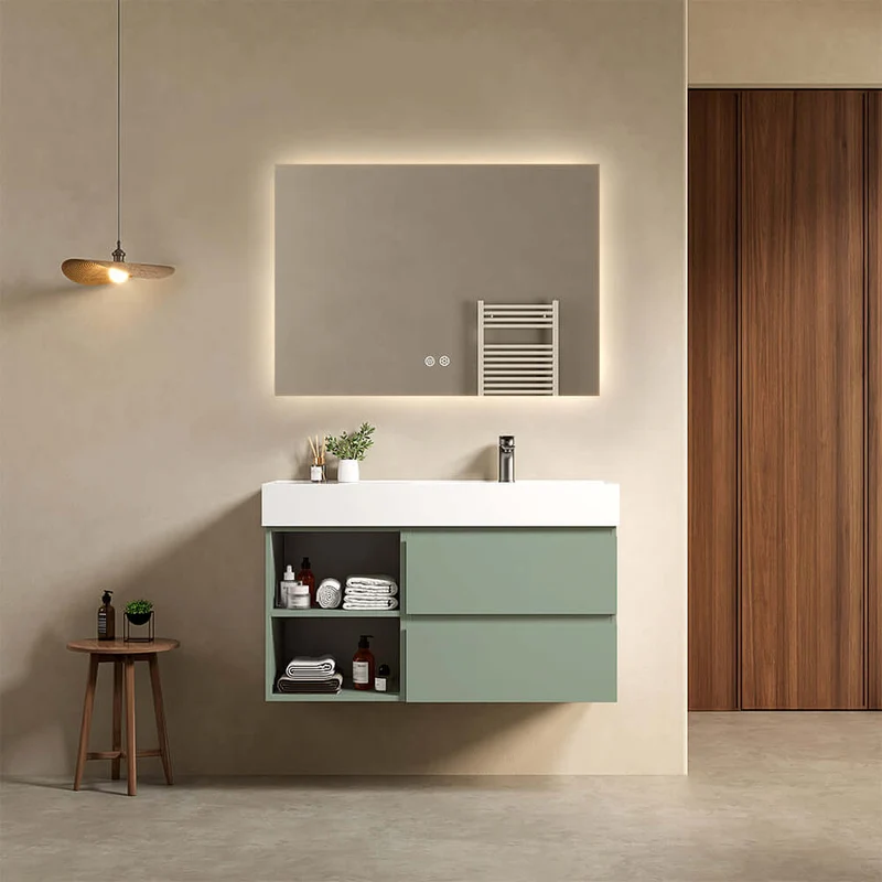 Mobile bagno sospeso 100 cm Verde Salvia Lavabo a Destra in Resina Specchio Quadro Retroilluminato - Fiji Paint Plus