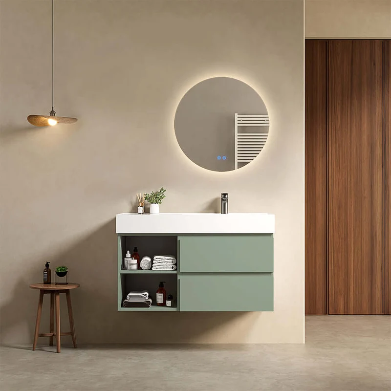 Mobile bagno sospeso 100 cm Verde Salvia Lavabo a Destra in Resina Specchio Tondo Retroilluminato - Fiji Paint Plus