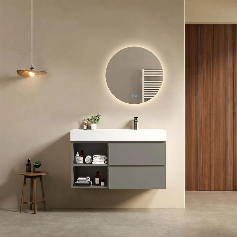 Mobile bagno sospeso 100 cm Grigio Londra Lavabo a Destra in Resina Specchio Tondo Retroilluminato - Fiji Paint Plus