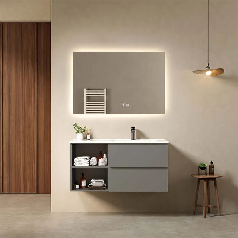 Mobile bagno sospeso 100 cm Grigio Londra Lavabo a Destra in Ceramica Specchio Quadro Retroilluminato - Fiji Paint Plus