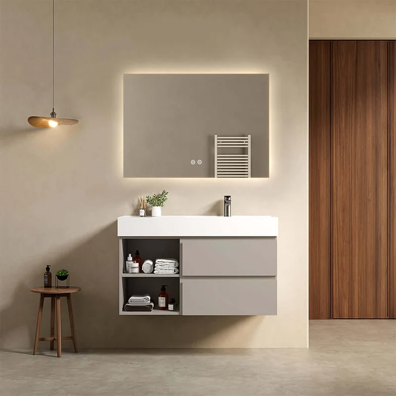 Mobile bagno sospeso 100 cm Grigio Cenere Lavabo a Destra in Resina Specchio Quadro Retroilluminato - Fiji Paint Plus