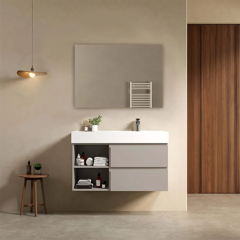 Mobile bagno sospeso 100 cm Grigio Cenere Lavabo a Destra in Resina Specchio Quadro - Fiji Paint Plus