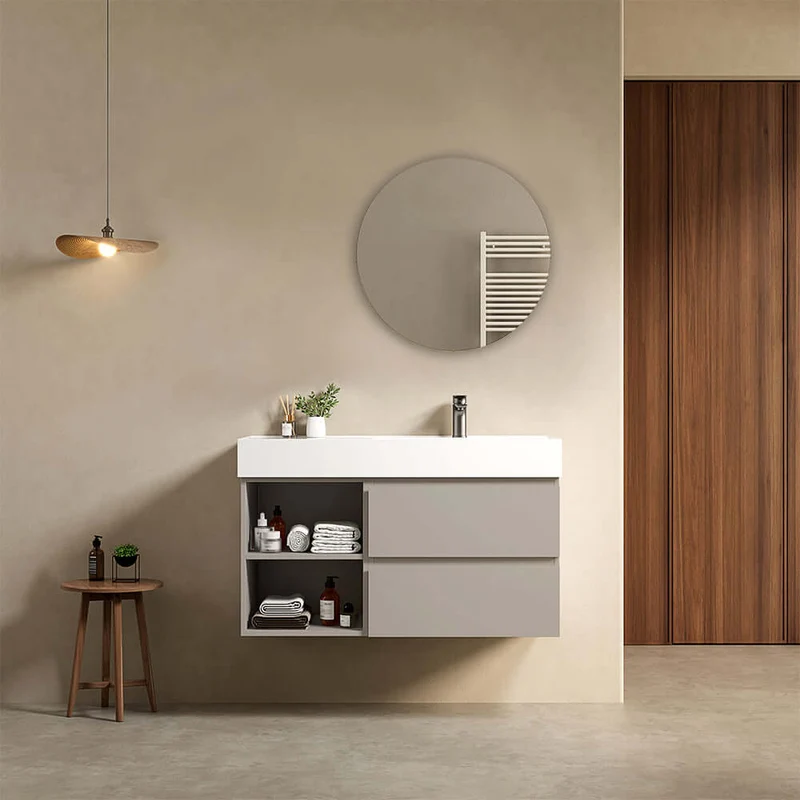 Mobile bagno sospeso 100 cm Grigio Cenere Lavabo a Destra in Resina Specchio Tondo - Fiji Paint Plus